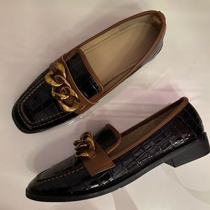Black and Brown Loafers with Gold Chain Accent